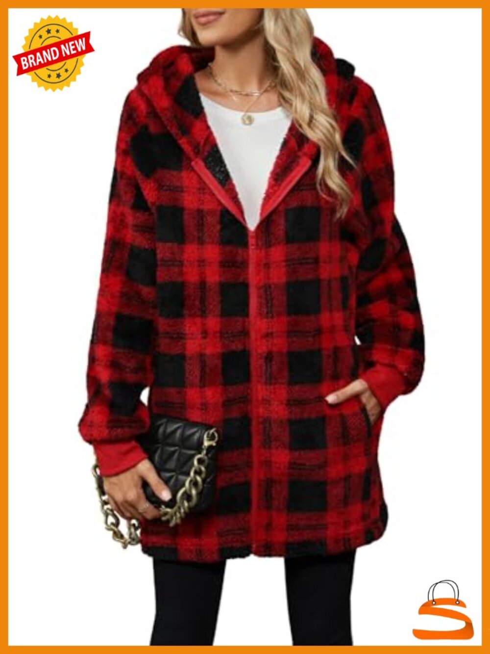 Oversized Sherpa Fleece Zip Up Jacket Fuzzy Hooded Plaid Winter Coat